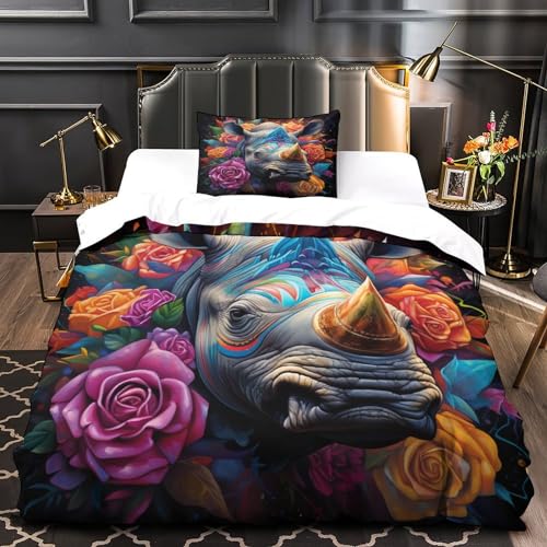 Funda nórdica de rinoceronte y rosas coloridas para renovar la decoración de dormitorios modernos 4