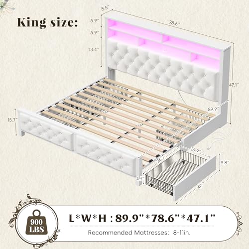 EnHomee King Size Bed Frame with 4 Drawers and Upholstered Storage Headboard,Wooden King Bed Frame with Charging Station and LED Lights,NO Noise,No Box Spring Needed,Beige
