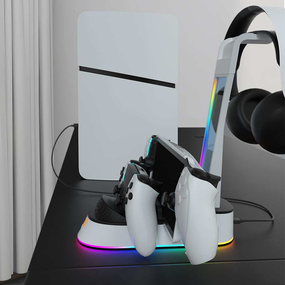 Estación de Carga portátil con Soporte para Auriculares para Controlador PS5 Soporte de Carga Indicador de Carga de luz RGB para Consola de Juegos Portal