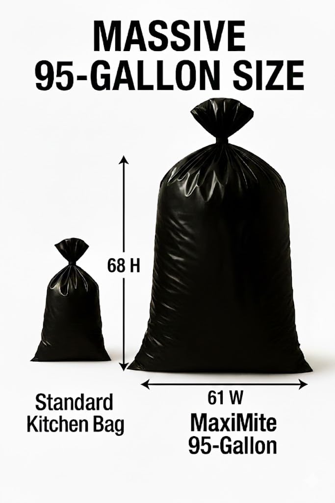 MaxiMite Bolsas de basura negras, bolsas de basura de 95 galones, 50 unidades, forros de servicio medio, bolsas de basura multiusos, ideales tanto para uso en interiores como exteriores, empaquetadas