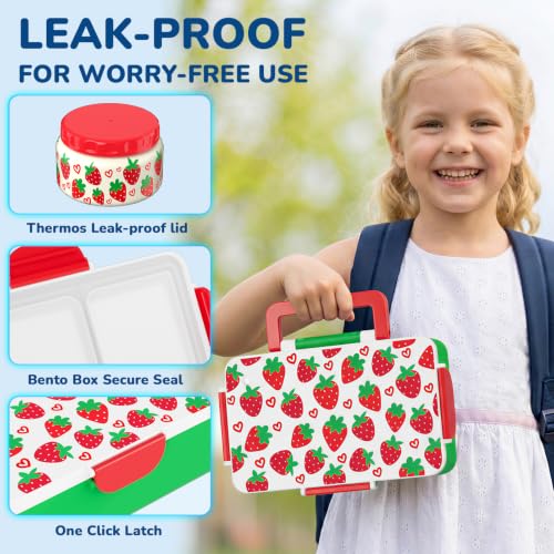 Image of Bento Lunch Box for Kids-3 Compartment Leak Proof Insulated Lunch Container | Strawberry Design Lunch Box-With 12oz Stainless Steel Food Soup Jar & Built-in Ice Pack Bento Box for Boy Girls School Travel