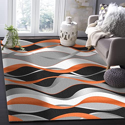 Orange Black Grey Wavy Area Rug, Abstract White Moire Geometric Decorative Rug, Easy Clean Carpet With Anti-Slip Backing For Bedroom Living Room Dining Room Office 3Ftx4Ft #TOP2