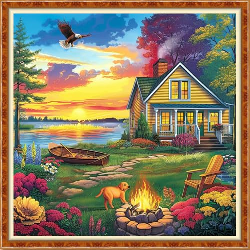 Image of Findvoor Stamped Cross Stitch Kits for Beginner Embroidery Kits for Beginners Adults DIY 11CT Cross Stitch Patterns Needlepoint Kits Crossstitching Kits-Beautiful Homeland 18x18 inch
