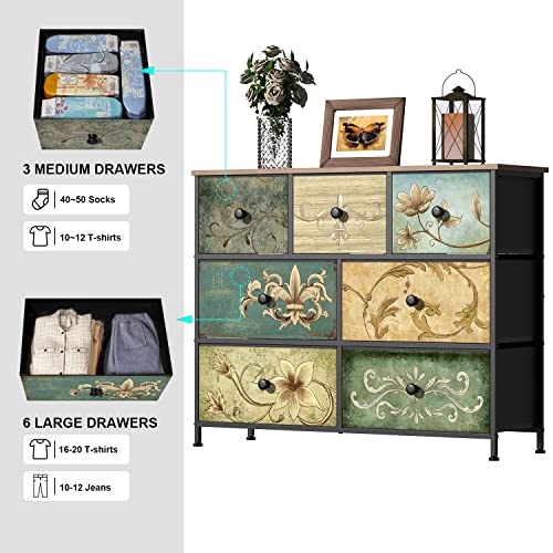 VEDECASA Schlafzimmer Kommode mit 7 Schubladen böhmische Schminktisch mit Holzplatte Stoffschubladen Metallgestell Stoff Kommode Turm Veranstalter für Wohnzimmer Kinderzimmer Flur – Bild 5