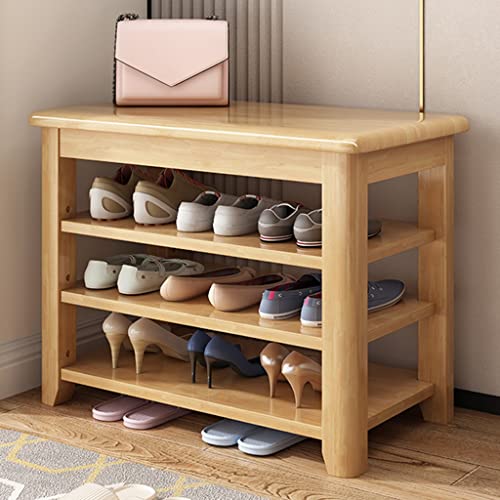 Banc étagère à chaussures en bois naturel : rangement étroit autoportant 3 niveaux de couloir