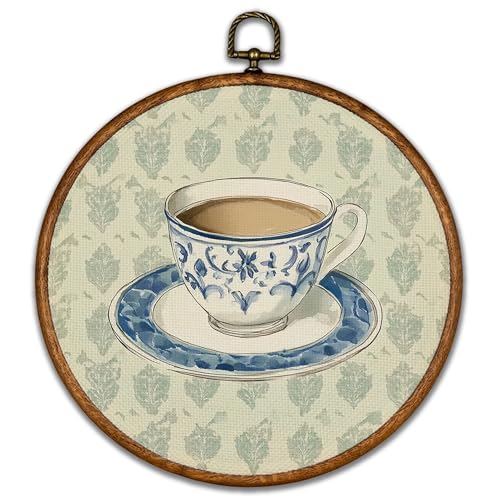 Blue and white teacup round wall art