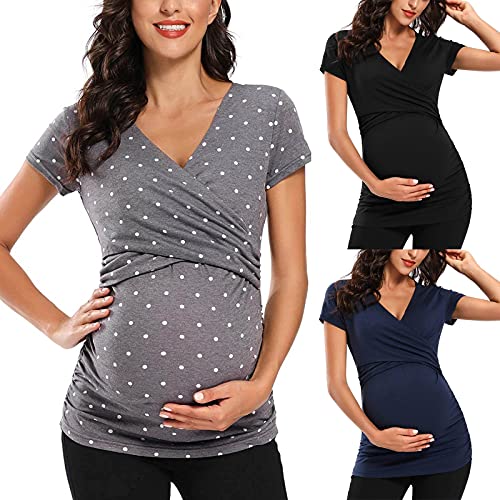 Tariendy Women Maternity Blouse Pregnant Short Sleeve Tshirt V Neck Tunic Top Comfy Soft Pullover Gray #TOP5