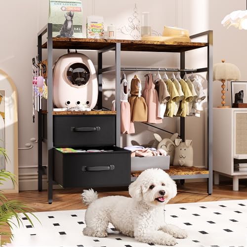 Semoic Pet Wardrobe Closet with 2 Drawers & 4 Hooks Freestanding Pet Clothes Storage Organizer with Hanging Rod Metal Frame Storage Cabinet for Dogs Cats