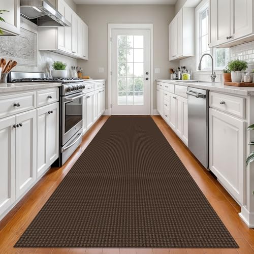 KOZYFLY Long Runners for Hallways 3x12 ft Washable Kitchen Runner Non Slip Rubber Backed Hallway Rugs Cotton Entryway Runner Rug Floor Carpet for Indoor Hall, Backdoor, Kitchen, Reddish Brown/Coffee