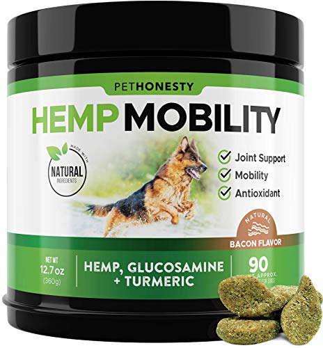 PetHonesty Hemp Hip & Joint Supplement for Dogs w/Hemp Oil & Hemp Powder - Glucosamine Chondroitin for Dogs w/Turmeric, MSM, Green Lipped Mussel, Dog Treats Improve Mobility,Reduces Discomfort - Bacon