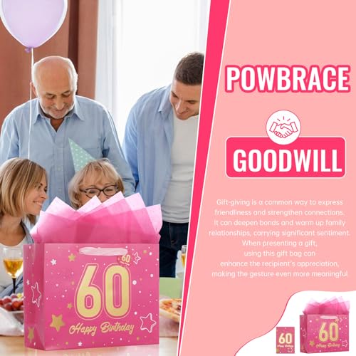 Image of Powbrace 13 inch Pink 60th Birthday Gift Bag with Tissue Paper and Greeting Card for Party,Happy Birthday Gift Bag for Men Women,Gift Bags Medium size(1 Pink 60th)