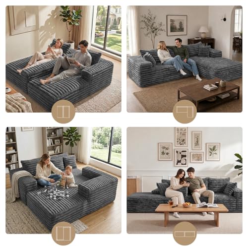 Image of Cloud Sectional Couch with L-Shape Chaise,Modern Modular Sofa with Deep Seat, Upholstered Couches with Right Facing Chaise for Living Room Bedroom, No Assembly Required, Grey (Plush Corduroy Fabric) | 102.4 inch Modular Sectional Sofa, Cloud Couch Sectional with Deep Seat, No Assembly, Grey, Right Chaise