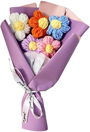 Ramo de flores artificiales tejidas a mano con exquisito envoltorio colorido 3D tejido a ganchillo ramo de flores para mujeres, cumpleaños, Navidad
