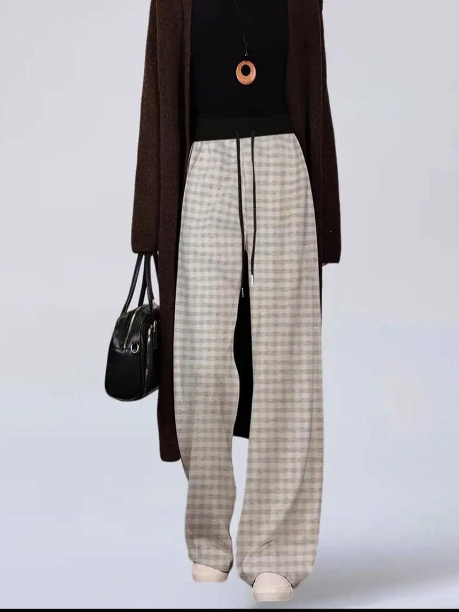 Retro Plaid Casual Pants for Women in Spring Autumn Loose Straight Draping Floor Walking
