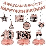 Kuxriox 11Pcs 40th Birthday Decorations Kit for Women, Rose Gold Happy 40th Birthday Banner, Awesome Since 1985 Centerpieces Swirls Party Supplies, Forty Bday Banner Ceiling Table Topper Sign