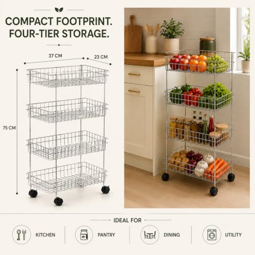 Image of TUNIS 4 Tier Stainless Steel Wire Storage Basket Trolley |Fruit & Vegetable Trolley with 360 Moving Wheels| Rack for Kitchen, Fruits, Vegetables & Grocery Storage, Movable Organizer Cart