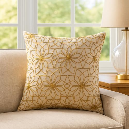 Image of Wakefit Designer Cushion Cover | 16x16 inch | Heavy Embroidery | Cotton & Linen Fabric on Both Sides | Pack of 1 | Abstract Sunflower Mustard