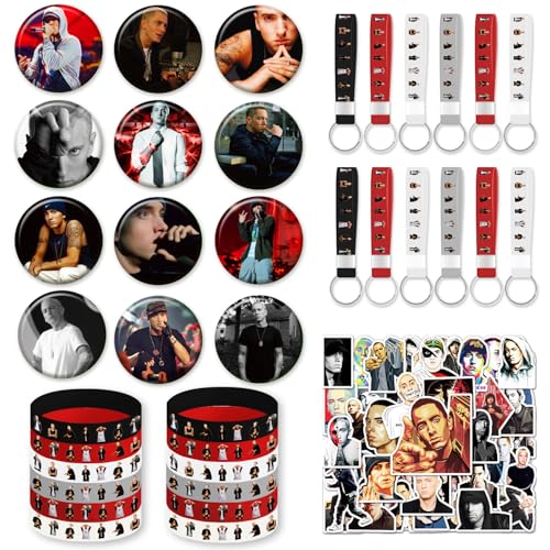 ShrooFit 86Pcs eminem party decoration packs include Silicone keychain silicone wristband breast badge and Stickers for Theme Birthday Party Supplies (white5)