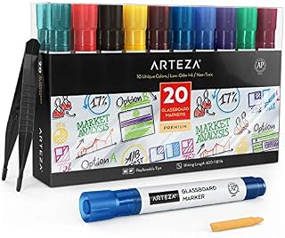 ARTEZA Whiteboard Pens, 20-Piece Set, 10 Bright Colours, Erasable Glass Pens, Low Odor Glass Board Markers for Mirrors, Windows, and Non-Porous Surfaces Like Dry Erase Boards