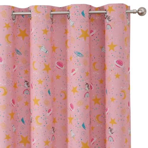 Image of Star & Moon Pattern Pink Blackout Curtains for Girls Bedroom 63 Inch Long | Estelar Textiler Cute Unicorn Theme Thermal Insulated Room Darkening Grommet Drapes for Kids Bedroom /Nursery,38Wx63L,2 Panels