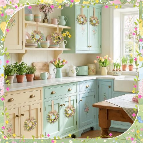 Image of Dingion 6 Pcs 6 inch Mini Spring Cabinet Wreaths Spring and Summer Wildflower Candle Rings Wreaths for Kitchen with Ribbon Small Floral Wreath for Window Door Farmhouse Wedding Decorations