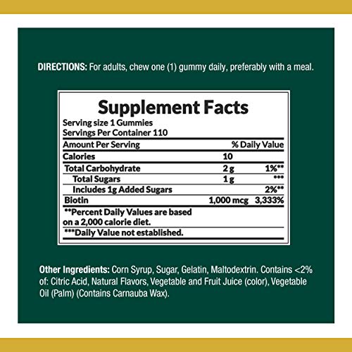 Biotin By Nature's Bounty, Vitamin Supplement, Supports Healthy Hair, Skin, And Nails, Fruit Flavored Gummies, 1000 Mcg, 110 Count #TOP1