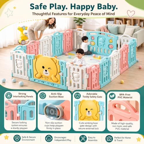 Image of Large Baby Playpen 18 Panels /36 Sq Ft Play Area Indoor Setup with Mat ,balls | Play Yard for Babies 0-3 Years with Padded Boundary |Indoor Outdoor Toddler , infant fence Activity Center with Safety Door Lock & Suction Cups (6 * 6 FT)