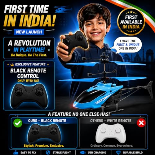 Image of KIDZYMON RC Helicopter with Hand Gravity Sensor, Flying Remote Control Toy, Rechargeable, 3D Light & Safety Sensor for Kids Age 4+ Years, Pack of 1, Blue Black