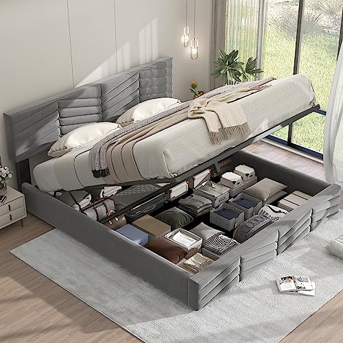 Oslghy Cama Tapizada 160x200 cm, Cama Matrimonio con Cabecero Regulable en Altura, Cama Doble Juvenil con Lamas de Madera, Estilo Rayas Bed Frame con Almacenamiento Hidráulico, Gris, Sin Colchón