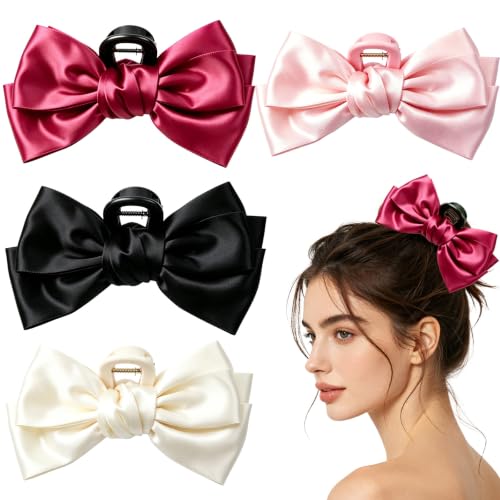 4 Pcs Large Bow Hair Claw Clips for Women，Black White Pink Red