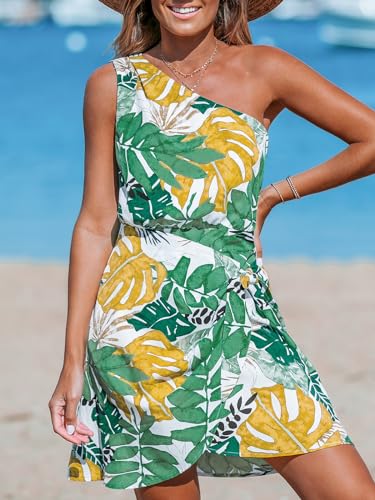 Image of CUPSHE Women's One Shoulder Leaf Print Self-tie Short Dress Sleeveless Tiered Hem Formal Dress Casual Mini Dress