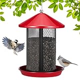 Veehoo Metal Bird Feeder for Outdoors-Dual Seed Chambers & Wild Bird Feeder Hanging Bird Feeder for Outside, Mesh Tube Feeder with Weatherproof Roof for Cardinal Bluebird Finch, Red
