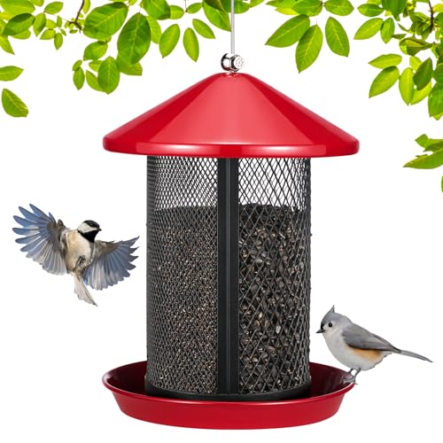 Veehoo Metal Bird Feeder for Outdoors-Dual Seed Chambers & Wild Bird Feeder Hanging Bird Feeder for Outside, Mesh Tube Feeder with Weatherproof Roof for Cardinal Bluebird Finch, Red