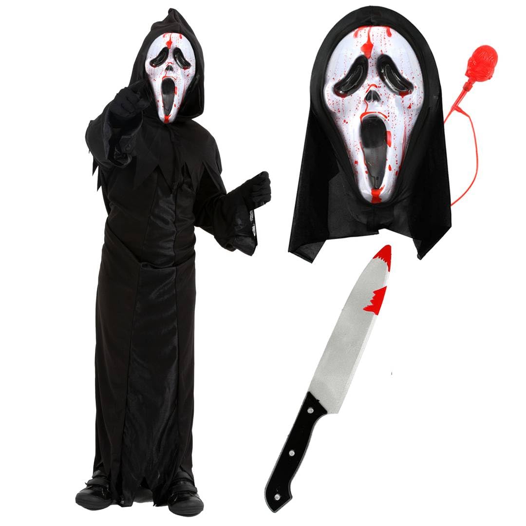 LOVETRENDS Childs Screamer Costume - Black Jagged Robe with Hood, Screamer Mask with Blood Pump, Fake Knife Prop - Kids Boys Girls Scary TV Film Trick or Treat Halloween Fancy Dress Costume