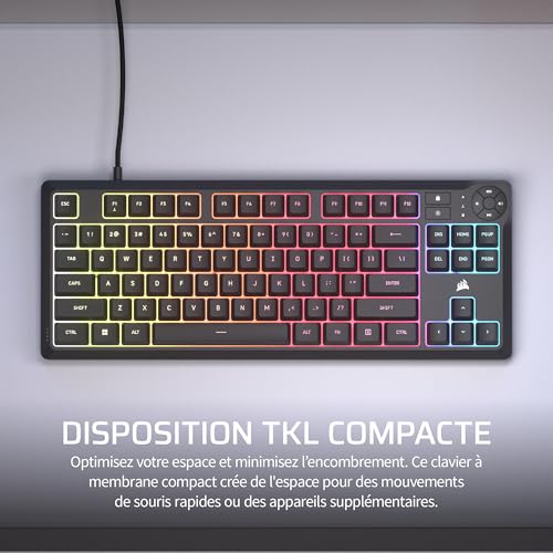 CORSAIR K55 CORE TKL Tastiera Gaming RGB – Tenkeyless, 8 Zone RGB, Tasti silenziosi a membrana, Resistente agli spruzzi, Tasti multimediali, 1000Hz – Layout FR – Nero - Tastiera gaming - Immagine 2