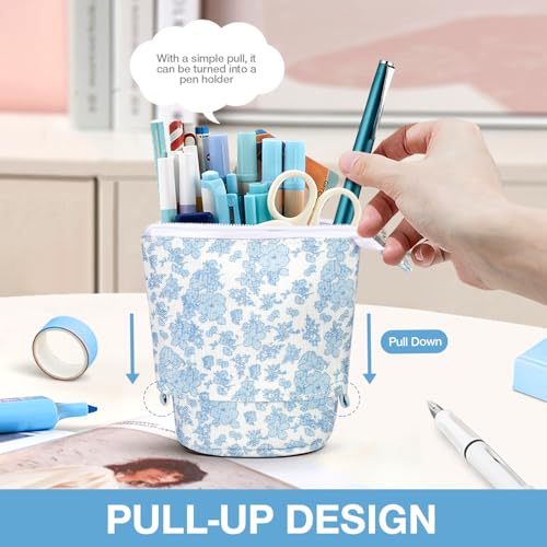 Image of Cute Standing Pencil Case Pen Holder for Kids, Pop Up Stand UP Bubble Tea Pen Organizer Kawaii Stationary for Christmas Holiday New Year Office (Blue flowers)