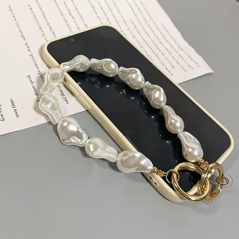 Image of Pearl Phone Charm Chain for Mobile, Cute Beaded Phone Lanyard Strap with Hanging Loop, Aesthetic Korean Style Mobile Accessory for Girls & Women Compatible with Android Phone & Smartphone