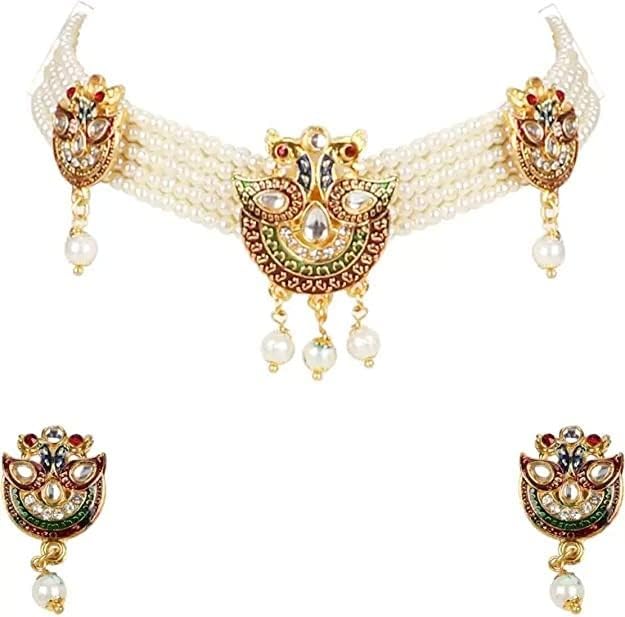 PRIMERIEA Artificial Imitation Jadau Jewellery Rajputana Rajasthani Traditional Ethnic Wear Gold Plated Pearl Beaded Choker with Earrings (B0CP3S7L6T) Amazon Price History, Amazon Price Tracker