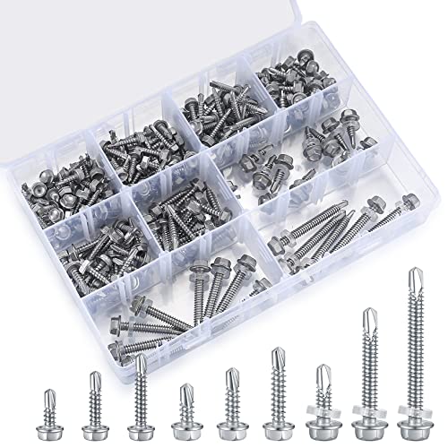 Miniatura 4 de Wugongshan 190 Piezas Tornillos Autorroscantes, Tornillos Autotaladrantes Cabeza Hexagonal, Tornillos Roscachapas Acero Inoxidable Cabeza De Arandela Hexagonal Con Arandelas Para Madera, Techo