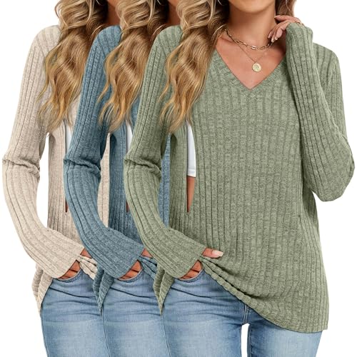 Image of Oakgarden 3 Pack Women's Maternity Nursing Tops, V Neck Breastfeeding Sweaters Long Sleeve Hidden Zipper Shirts