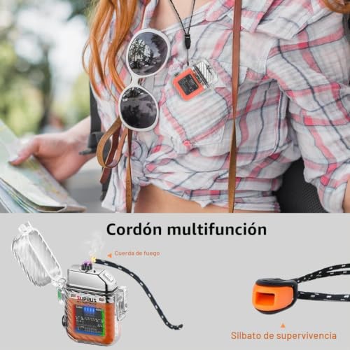 Miniatura 6 de SUPRUS Encendedor luminoso, 3 modos de linterna, resistente al viento, impermeable, encendedor eléctrico, recargable de doble arco de plasma con silbato de emergencia y cable