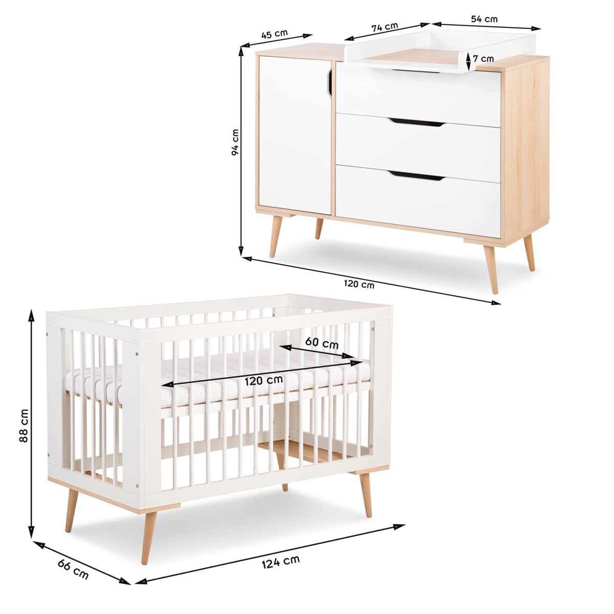 Mon Mobilier Design Sofie Ensemble Commode à Langer et lit bébé Style scandinave 120X60 Blanc