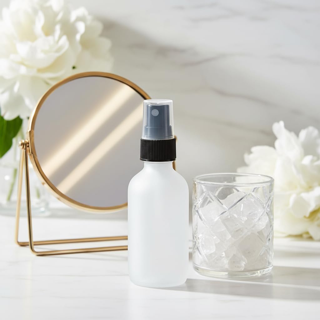 JUVITUS 2 oz Frosted Clear Glass Boston Round Bottle with Black Mist Spray (12 Pack) for Cosmetics, serums, Carrier and Essential Oils, Aromatherapy