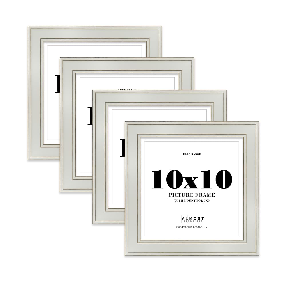 10x10" Light Grey Square Picture Frame with 9x9" Mount - Shabby Chic Photo Frame with Distressed Finish, Gold Trim, Wall Hooks and Kickstand, 37mm Edge - 4 Pack