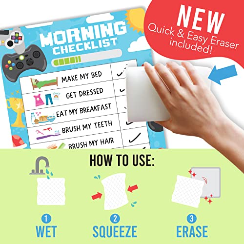 Image of Magnetic Morning & Bedtime Routine Chart for Kids - Customizable Toddler Daily Schedule Board with Dry Erase Surface, Stickers & Marker, Build Habits with Visual Checklists, Video Game Theme