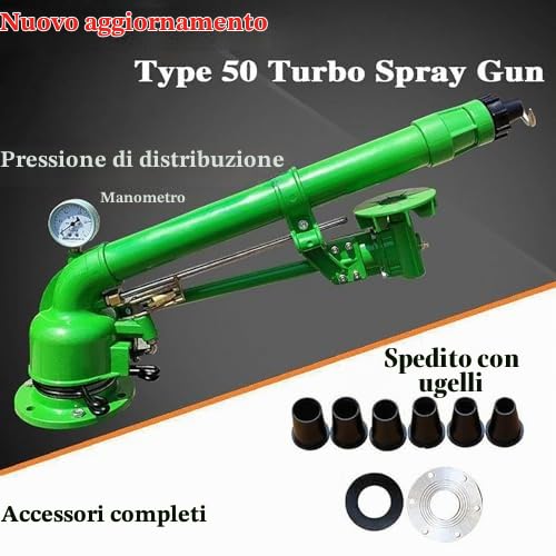 Irrigatore per irrigazione agricola con manometro, irrigazione a 360°, 6 ugelli di ricambio, portata di spruzzo da 48,8 a 97,5 m, per irrigazione di prati e giardini