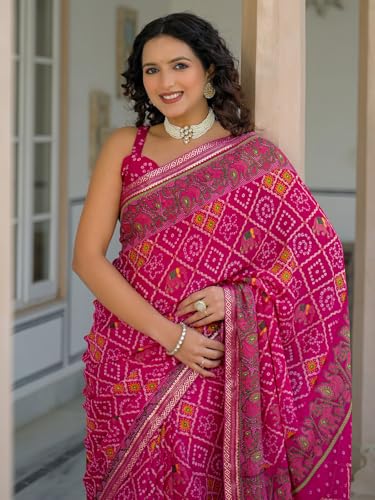 Image of SIRIL Women's Georgette Bandhani Printed Saree With Unstitched Blouse Piece
