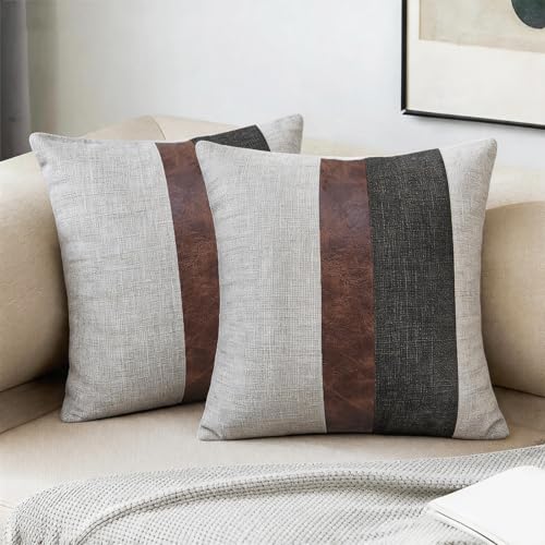 Merrycolor Thick Black Linen Farmhouse Lumbar Throw Pillow Cover Black Brown Color Block Decorative Linen Faux Leather Ticking Stripe Cushion Pillowcase Light Gray, 18" x 18" (Pack of 2)