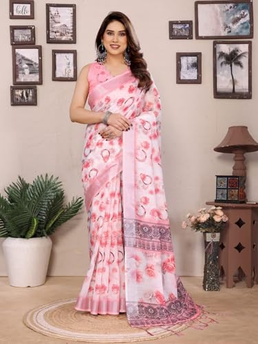 Image of Women's Zari Border Cotton Linen Printed Saree with Blouse
