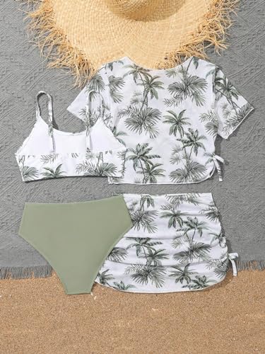 OYOANGLE Girl's 4 Piece Swimsuit Tropical Print Scoop Neck Cami Bikini Sets with Cover Up Top and Skirt2